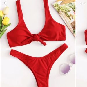 Red Knot Top with High Leg Bikini Set